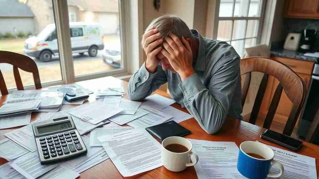 Taxpayer in financial hardship reviewing bills at a kitchen table