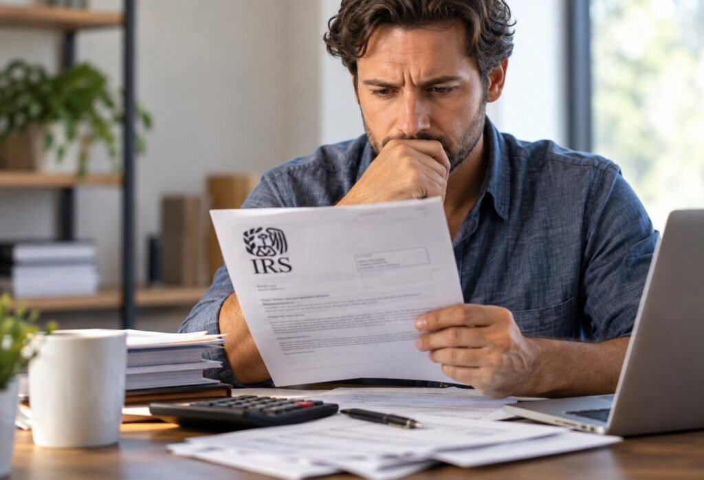 Concerned taxpayer reviewing an IRS notice at a desk with tax documents, calculator, and laptop.